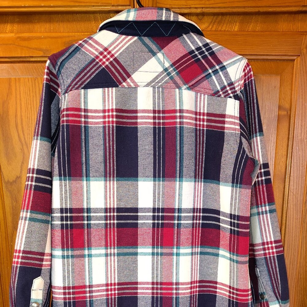 Orvis Fleece Lined Flannel Shirt Womens Medium Shacket Snap Jacket Plaid Red Blu - Picture 2 of 7